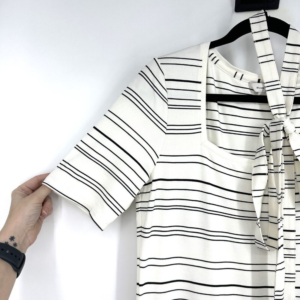 Club Monaco Striped Square Neck Knit Midi Dress Ivory Egret Black Large - Picture 3 of 11